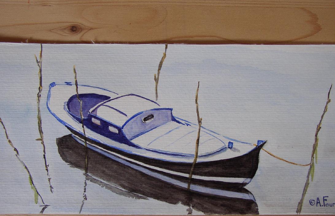 Pinasse bleue, aquarelle, commande et collection personnelle
